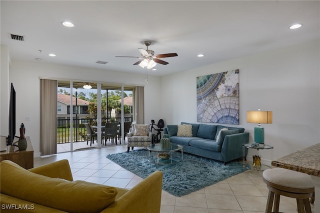6537 Monterey Pt Unit 202, Naples, FL 34105 - living area with light tile patterned floors, a ceiling fan, and recessed lighting