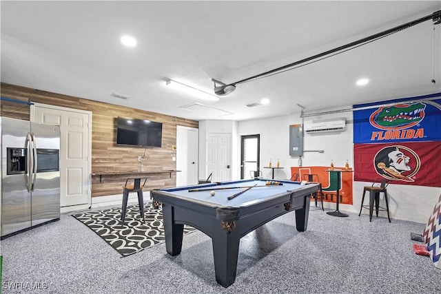 828 SW 51st Ter, Cape Coral, FL 33914 - playroom featuring wood walls, visible vents, speckled floor, an AC wall unit, and pool table