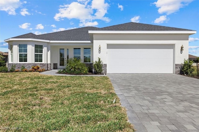 view of front of home with stucco siding and stone siding