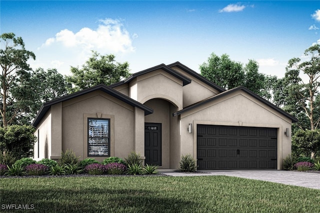 ranch-style home featuring a garage, driveway, a front yard, and stucco siding