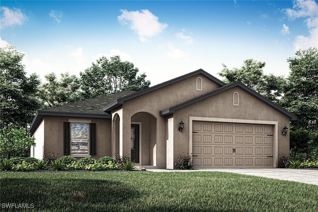 single story home featuring a front lawn, stucco siding, a shingled roof, an attached garage, and driveway