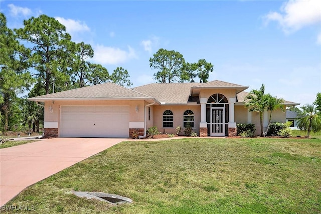 ranch-style house with a garage, a front lawn, concrete driveway, and stucco siding