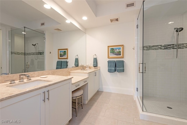 bathroom with visible vents, recessed lighting, tile patterned flooring, and a stall shower