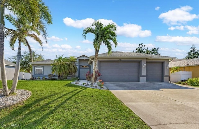 1103 SW 8th Ct, Cape Coral, FL 33991 - ranch-style house featuring driveway, stucco siding, an attached garage, fence, and a front lawn