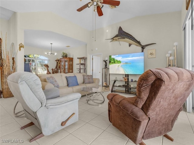 1103 SW 8th Ct, Cape Coral, FL 33991 - living area featuring light tile patterned flooring, vaulted ceiling, and ceiling fan with notable chandelier