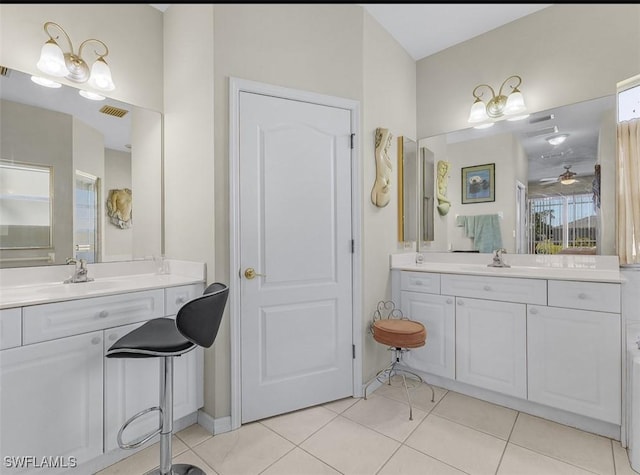 1103 SW 8th Ct, Cape Coral, FL 33991 - full bathroom featuring a sink, ceiling fan, tile patterned floors, two vanities, and visible vents