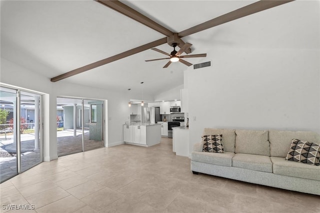 living area featuring beamed ceiling, visible vents, ceiling fan, and high vaulted ceiling