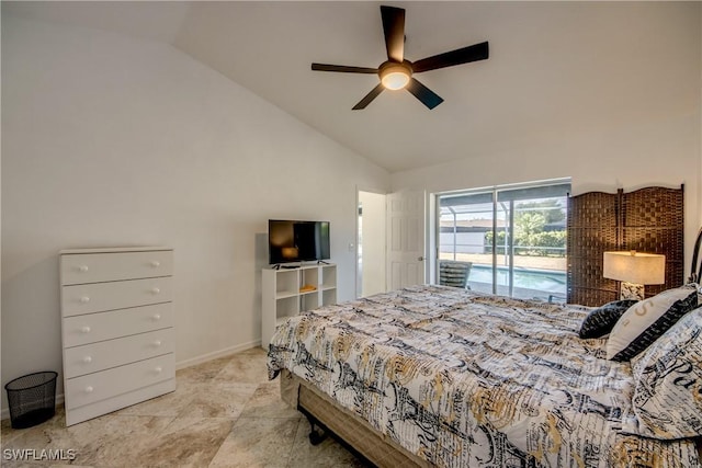 bedroom featuring lofted ceiling, access to exterior, baseboards, and ceiling fan