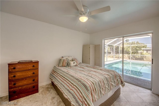 bedroom featuring access to exterior, a ceiling fan, baseboards, and light tile patterned floors