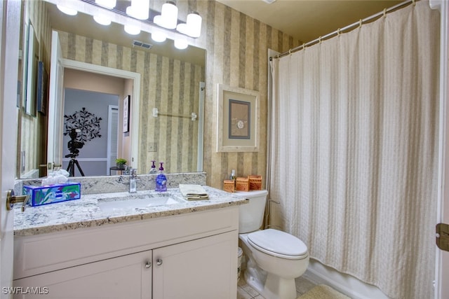 full bath featuring visible vents, vanity, toilet, wallpapered walls, and tile patterned floors