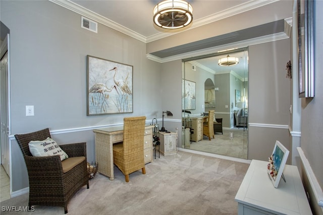 interior space featuring carpet flooring, arched walkways, visible vents, and ornamental molding