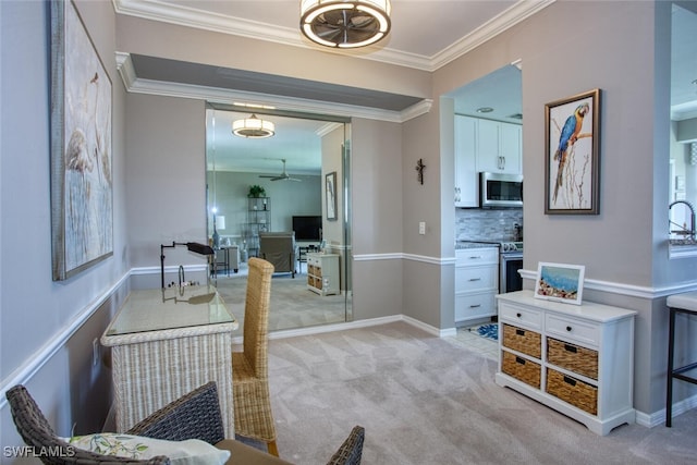 interior space with light colored carpet and crown molding