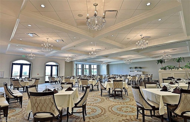 carpeted dining area featuring crown molding, beamed ceiling, a chandelier, and coffered ceiling