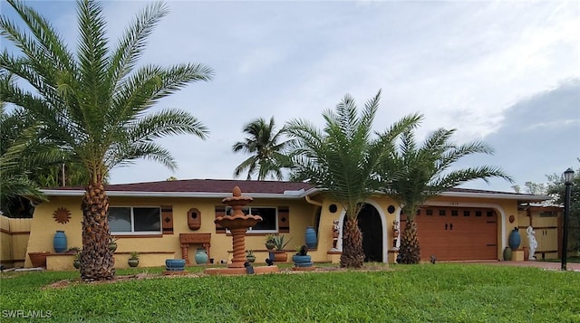 ranch-style house with stucco siding, a front lawn, and an attached garage