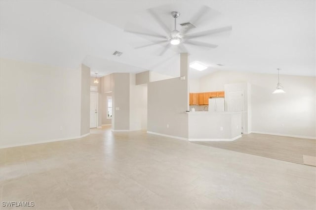 3210 31st St W, Lehigh Acres, FL 33971 - unfurnished living room with visible vents, baseboards, ceiling fan, and lofted ceiling