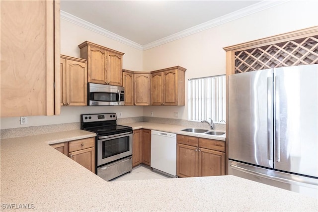 kitchen featuring crown molding, a sink, appliances with stainless steel finishes, light countertops, and brown cabinetry