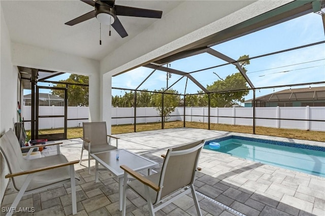 view of pool featuring a fenced backyard, a fenced in pool, and a patio area