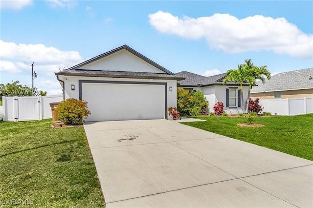 ranch-style home featuring fence, stucco siding, a front yard, and driveway