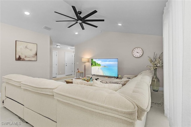 living room featuring recessed lighting, visible vents, ceiling fan, and lofted ceiling