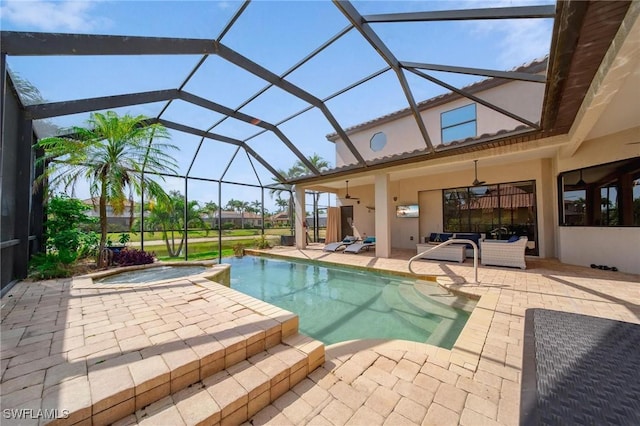 view of swimming pool with a lanai, a patio area, an outdoor hangout area, and a pool with connected hot tub