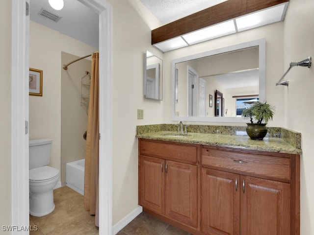 bathroom with washtub / shower combination, vanity, toilet, visible vents, and tile patterned flooring