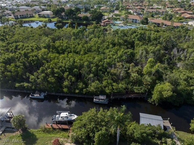 birds eye view of property featuring a water view and a view of trees