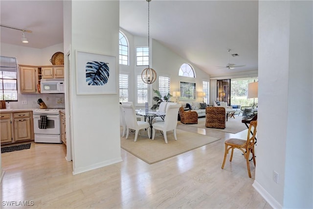 interior space featuring track lighting, light wood-style floors, light brown cabinets, and white appliances