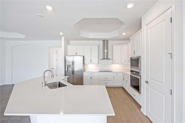 kitchen with wall chimney exhaust hood, a tray ceiling, a large island with sink, a sink, and stainless steel appliances