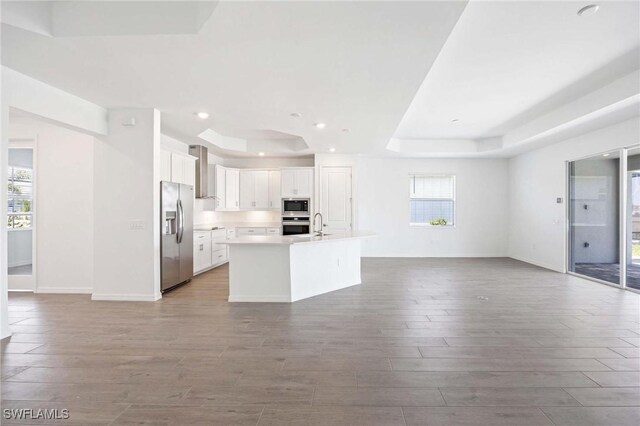 kitchen featuring appliances with stainless steel finishes, a tray ceiling, wood finished floors, and open floor plan