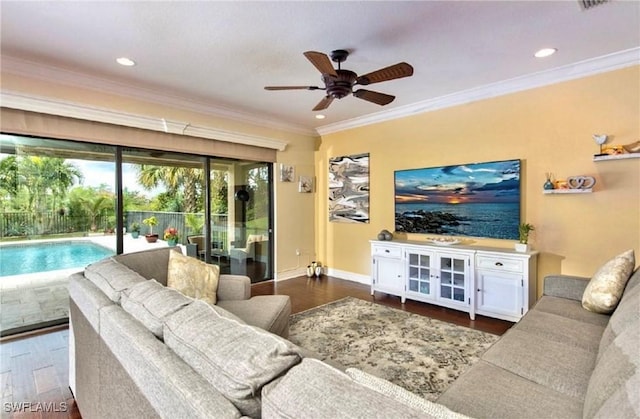3402 Tigris Ln, Naples, FL 34119 - living room featuring recessed lighting, wood finished floors, ornamental molding, ceiling fan, and baseboards