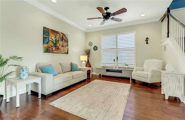 3402 Tigris Ln, Naples, FL 34119 - living room with recessed lighting, ornamental molding, stairway, a ceiling fan, and dark wood-type flooring