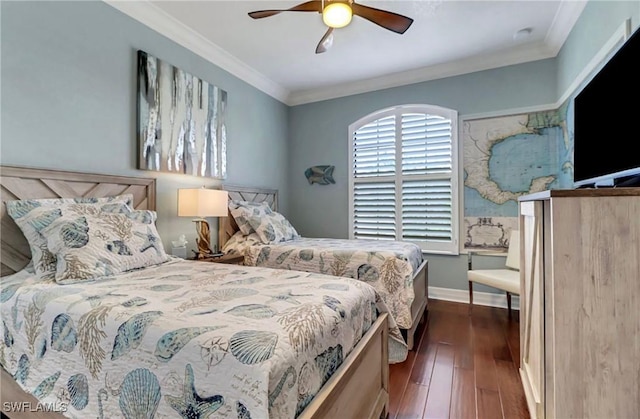 3402 Tigris Ln, Naples, FL 34119 - bedroom with dark wood-style floors, baseboards, a ceiling fan, and crown molding