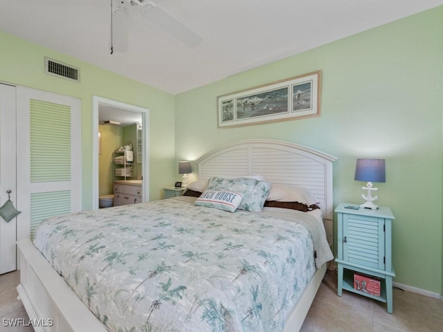 bedroom featuring a ceiling fan, visible vents, tile patterned flooring, a closet, and connected bathroom