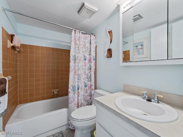 full bath featuring visible vents, vanity, toilet, shower / bathtub combination with curtain, and tile patterned floors