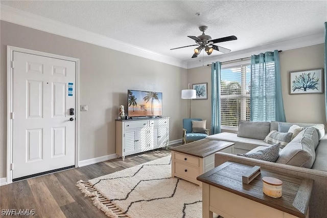 11541 Villa Grand Unit 817, Fort Myers, FL 33913 - living room featuring crown molding, a ceiling fan, a textured ceiling, and light wood-style flooring