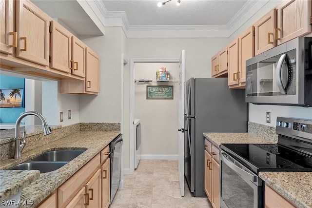 11541 Villa Grand Unit 817, Fort Myers, FL 33913 - kitchen featuring light brown cabinetry, stainless steel appliances, crown molding, and a sink