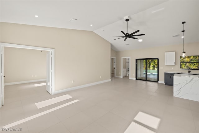 1008 NW 36th Pl, Cape Coral, FL 33993 - unfurnished living room with visible vents, baseboards, ceiling fan, high vaulted ceiling, and recessed lighting