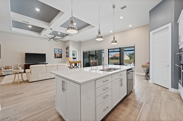11498 Tiverton Trce, Fort Myers, FL 33913 - kitchen featuring a sink, stainless steel dishwasher, coffered ceiling, light wood-style floors, and decorative light fixtures