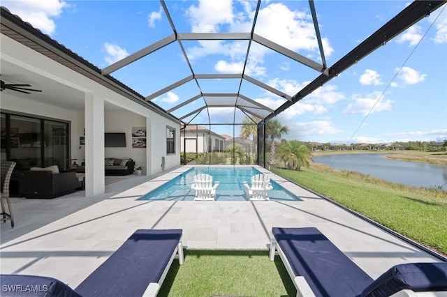 11498 Tiverton Trce, Fort Myers, FL 33913 - outdoor pool with a water view, an outdoor hangout area, a patio, a ceiling fan, and a yard