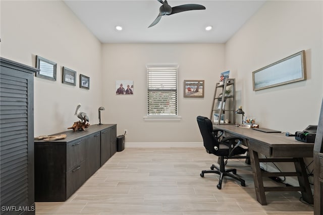 11498 Tiverton Trce, Fort Myers, FL 33913 - office area with a ceiling fan, light wood-style flooring, baseboards, and recessed lighting