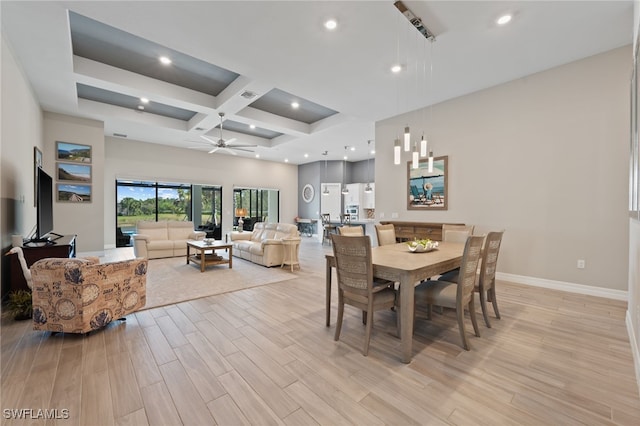 11498 Tiverton Trce, Fort Myers, FL 33913 - dining area with coffered ceiling, light wood finished floors, ceiling fan, baseboards, and beamed ceiling