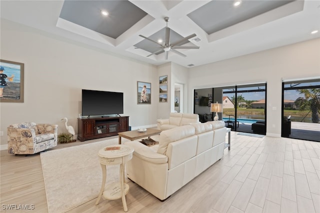 11498 Tiverton Trce, Fort Myers, FL 33913 - living area featuring baseboards, coffered ceiling, a high ceiling, a ceiling fan, and recessed lighting