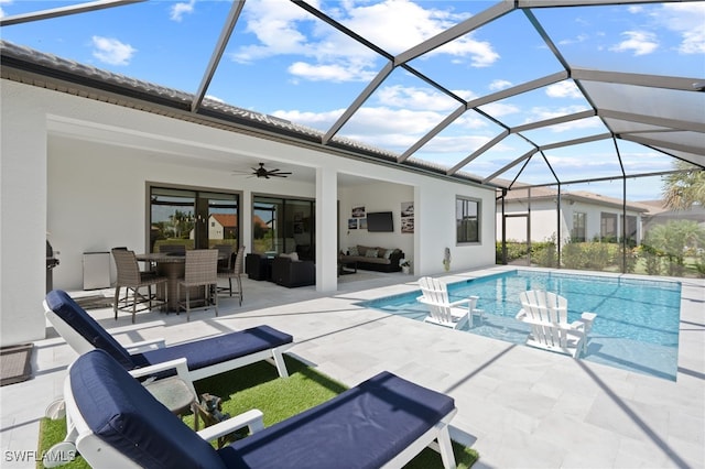 11498 Tiverton Trce, Fort Myers, FL 33913 - outdoor pool featuring an outdoor hangout area, a patio, a ceiling fan, and glass enclosure