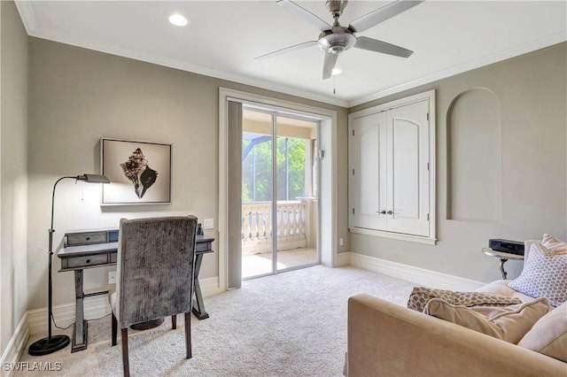 1947 Gordon River Ln, Naples, FL 34104 - carpeted home office featuring recessed lighting, ceiling fan, ornamental molding, and baseboards