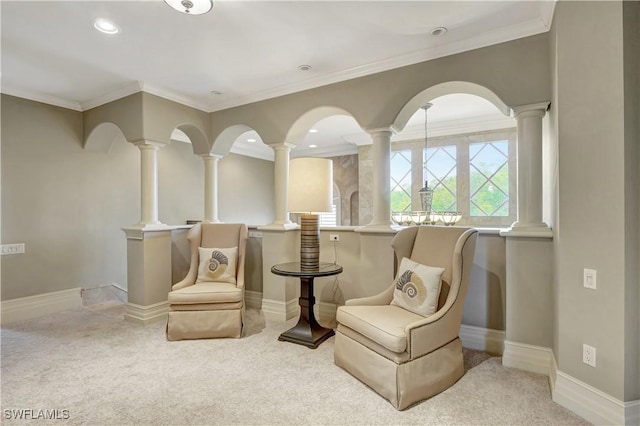 1947 Gordon River Ln, Naples, FL 34104 - living area with decorative columns, ornamental molding, and carpet