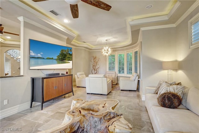 1947 Gordon River Ln, Naples, FL 34104 - living room with a raised ceiling, ceiling fan with notable chandelier, baseboards, visible vents, and ornamental molding