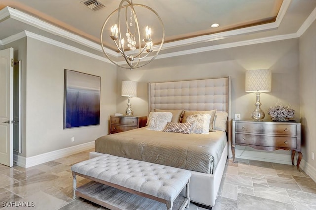 1947 Gordon River Ln, Naples, FL 34104 - bedroom featuring a notable chandelier, a tray ceiling, visible vents, and ornamental molding