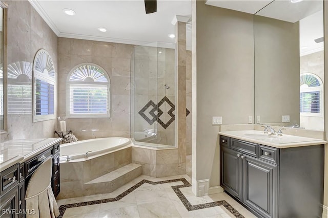 1947 Gordon River Ln, Naples, FL 34104 - full bathroom with a garden tub, recessed lighting, tiled shower, and vanity
