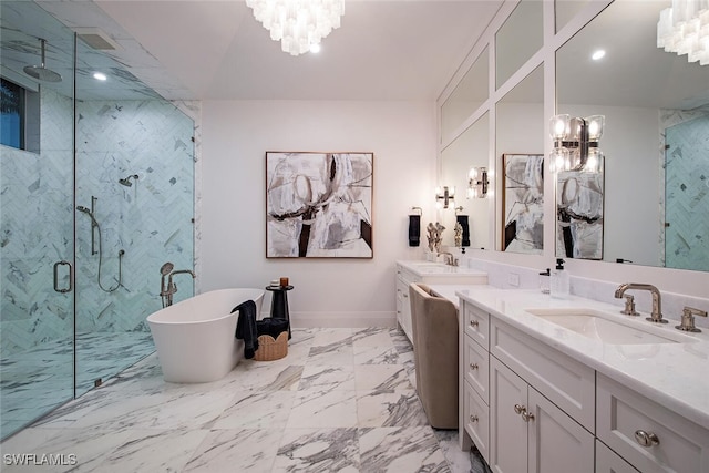 1380 Pelican Ave, Naples, FL 34102 - bathroom with a shower stall, a notable chandelier, marble finish floor, and a sink