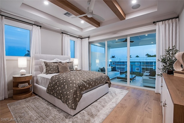 1380 Pelican Ave, Naples, FL 34102 - bedroom with beamed ceiling, access to outside, light wood-type flooring, visible vents, and a ceiling fan